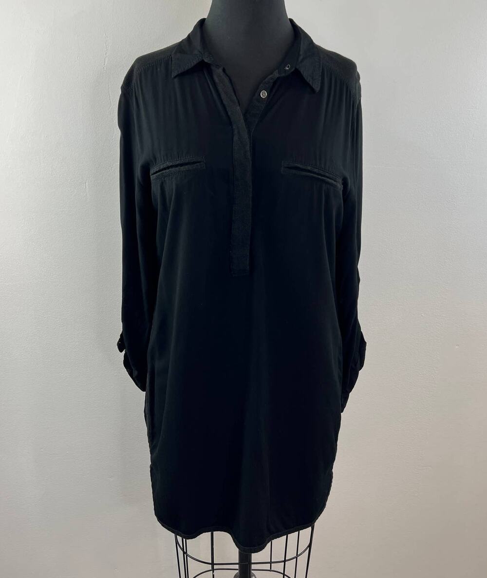Lou & Grey Solid Black Rayon Popover Tunic Top Roll-Tab Sleeves Relaxed Shirt M